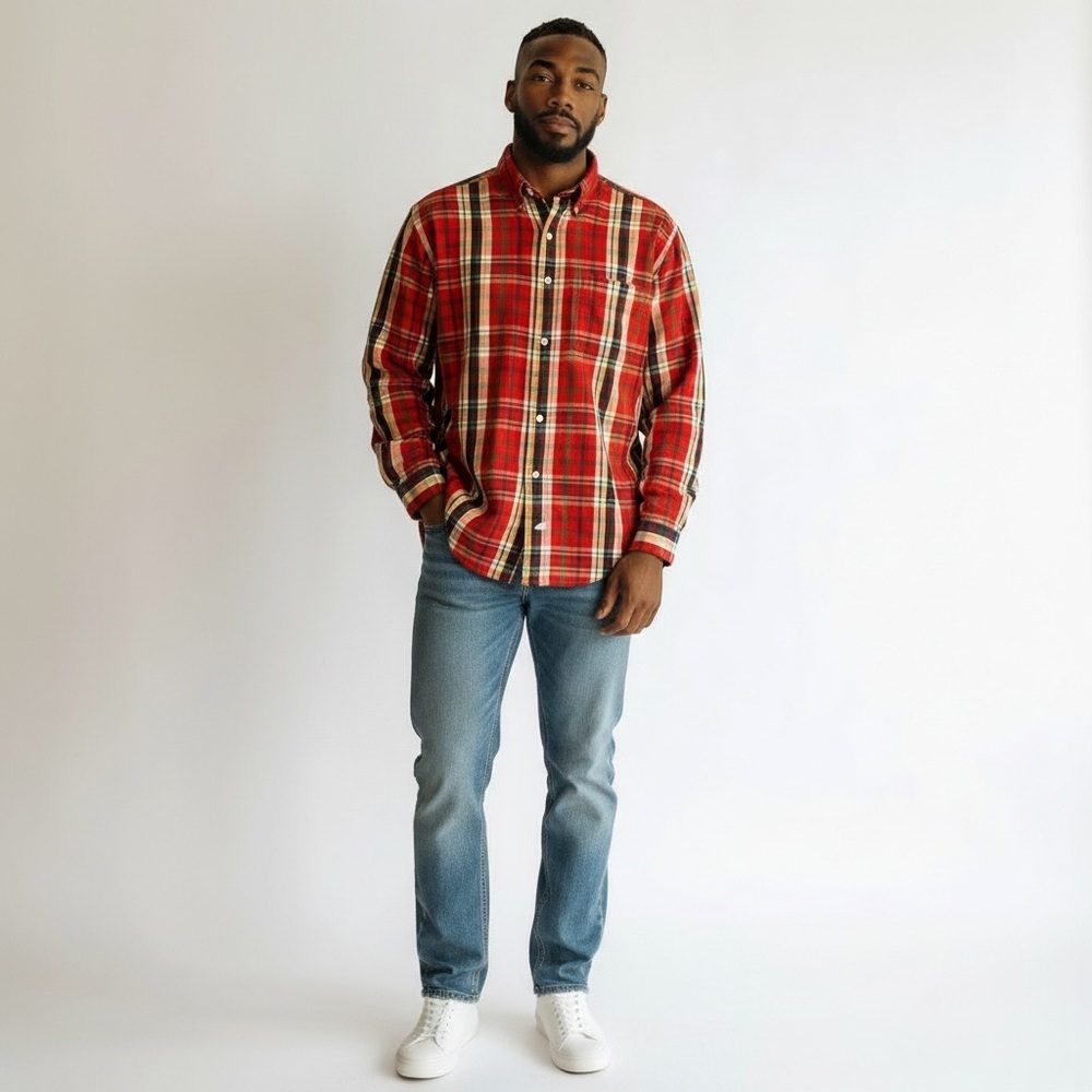 VTG Polo Ralph Lauren Big Shirt Men Large Madras‎ Plaid Thick Cotton Sport Shirt